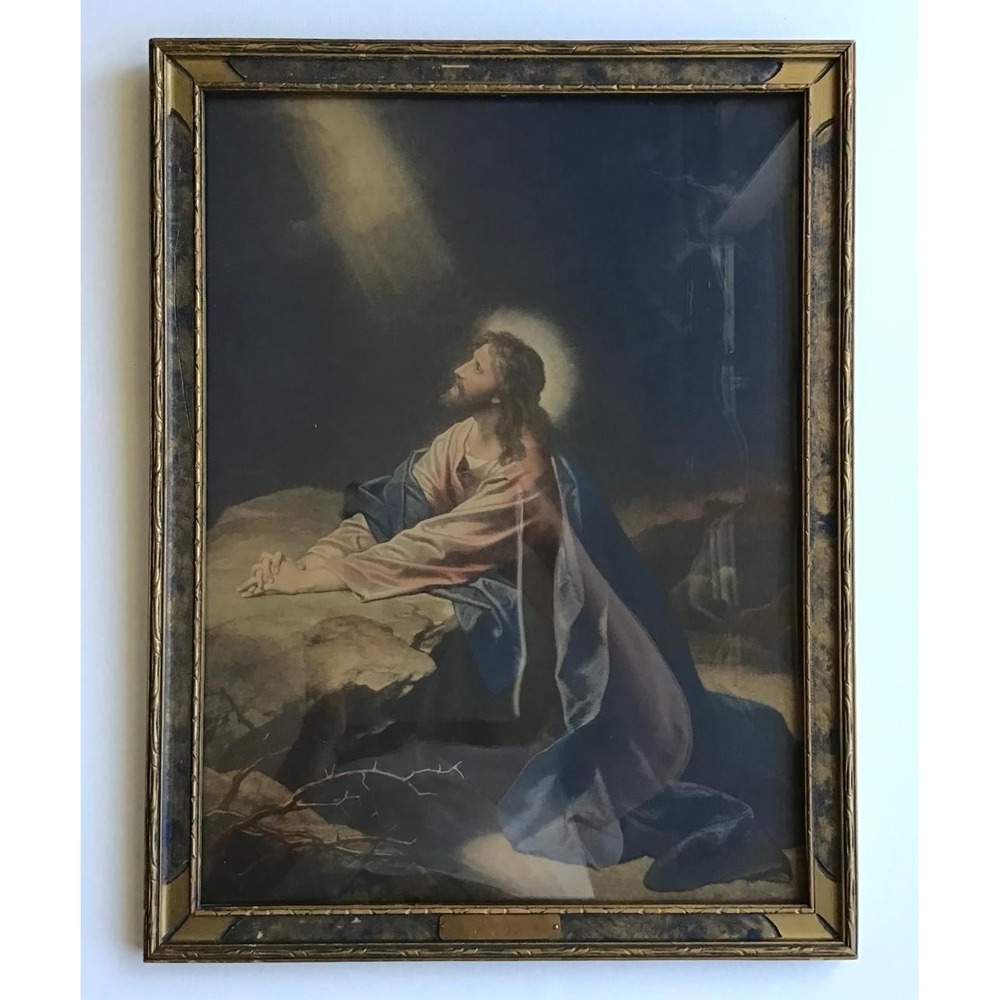 VTG Jesus Christ in Gethsemane Framed Lithograph Religious Art Gold Tone Frame